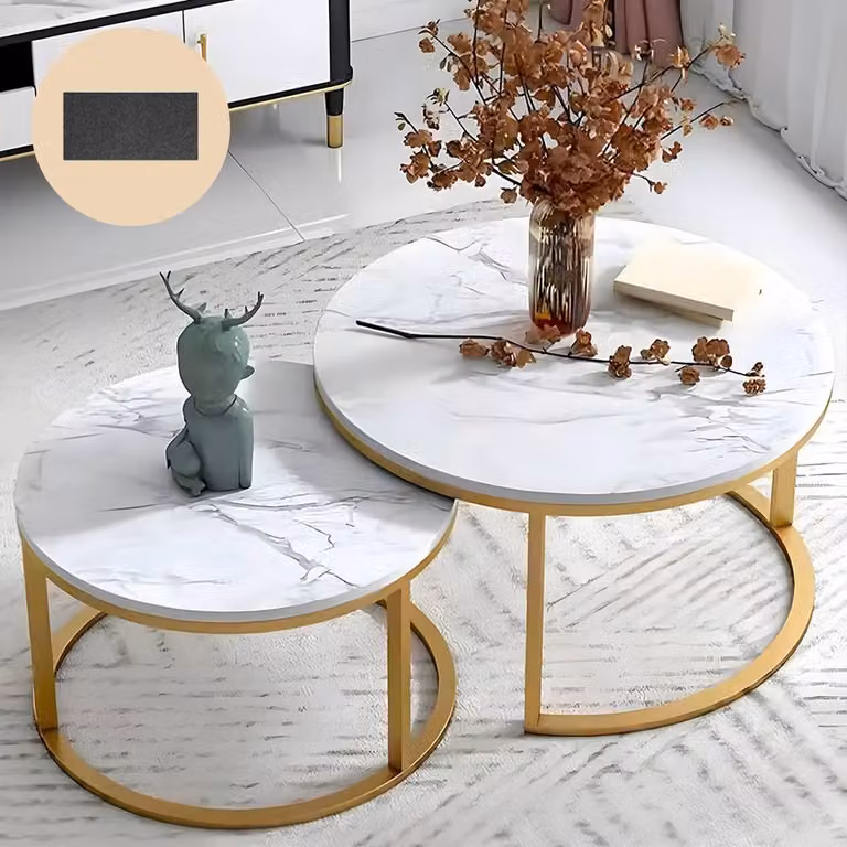 KORVIXA White Round Nesting Coffee Tables Set of 2 with Wood and Metal Minimalist Design