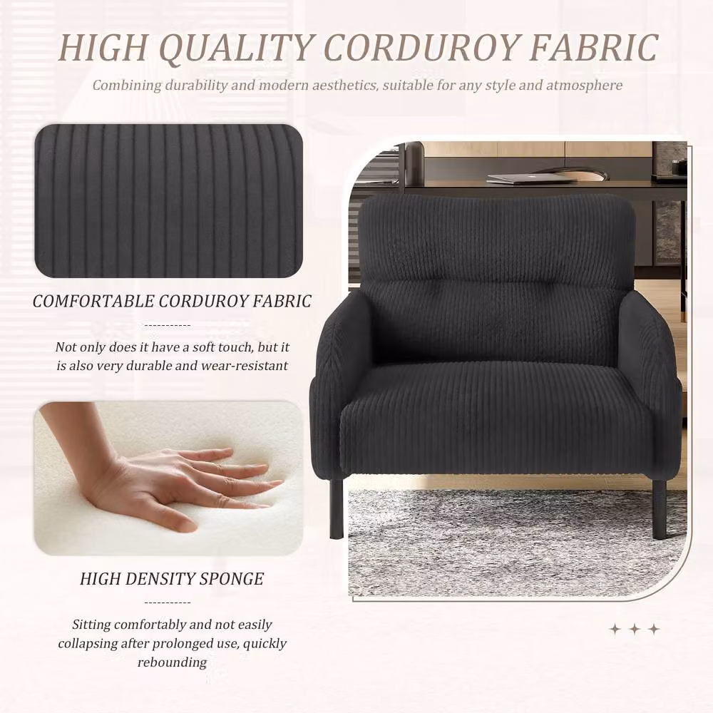 Direct Wicker Grey Corduroy Single Armchair with Wide Seat and Solid Wood Frame – 5