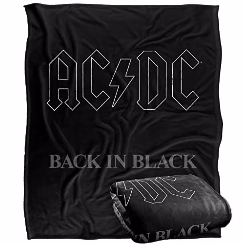 LOGOVISION AC/DC Back In Black Super Soft Silky Touch Fleece Throw Blanket, White, W: 152 cm, D: 127 cm – 1