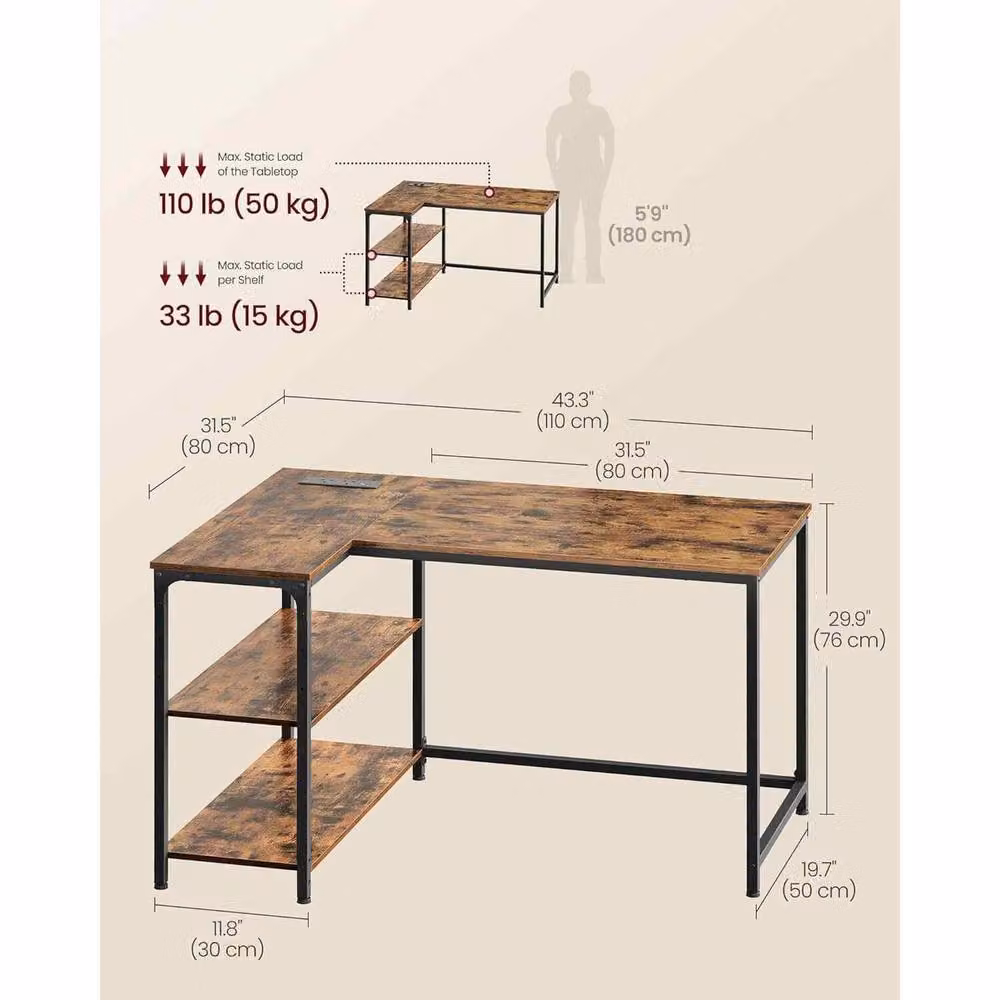 The Bazaarist L Shaped Gaming Desk with Power Outlets in Brown – 3