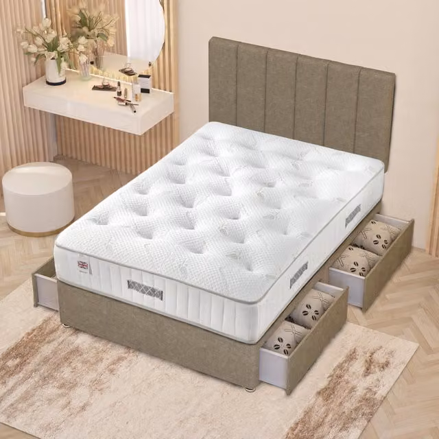 Somnior Beds Ltd Austin Linen Fabric Storage Divan Bed Hybrid Orthopaedic Mattress with 32 inch Headboard, Beige/Brown, W/D: 120 x 200 cm