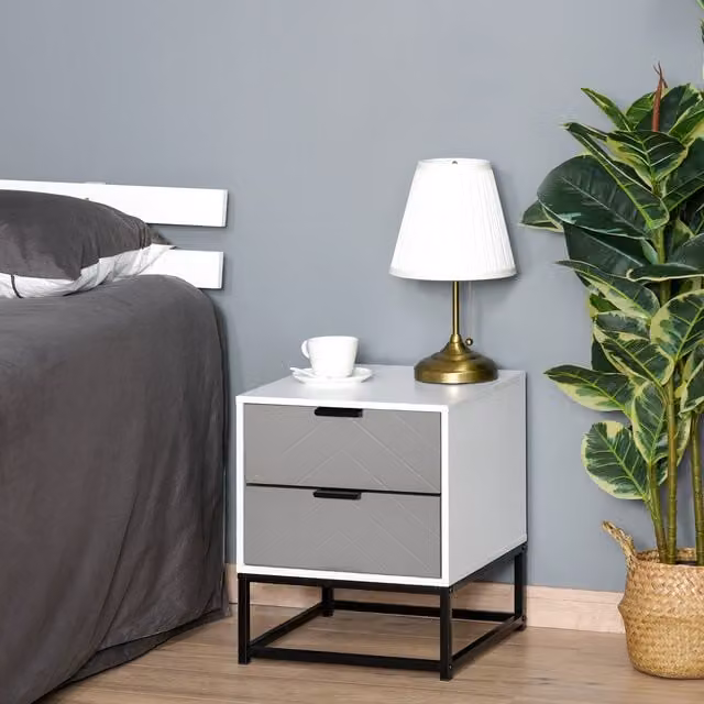 HOMCOM Modern 2 Drawer Bedside Table with Metal Base in White, Grey and Black