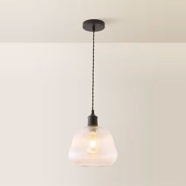 ValueLights Delora Ribbed Bell Glass Shade Single Ceiling Pendant Light, Black, Diameter: 11 cm