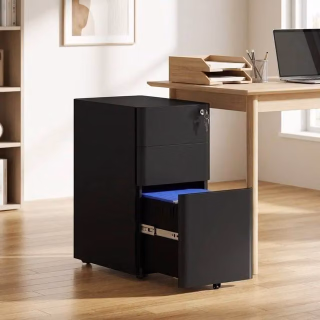 STILVORA 3 Drawer Metal Filing Cabinet with Lock and Castors in Matt Black – 1