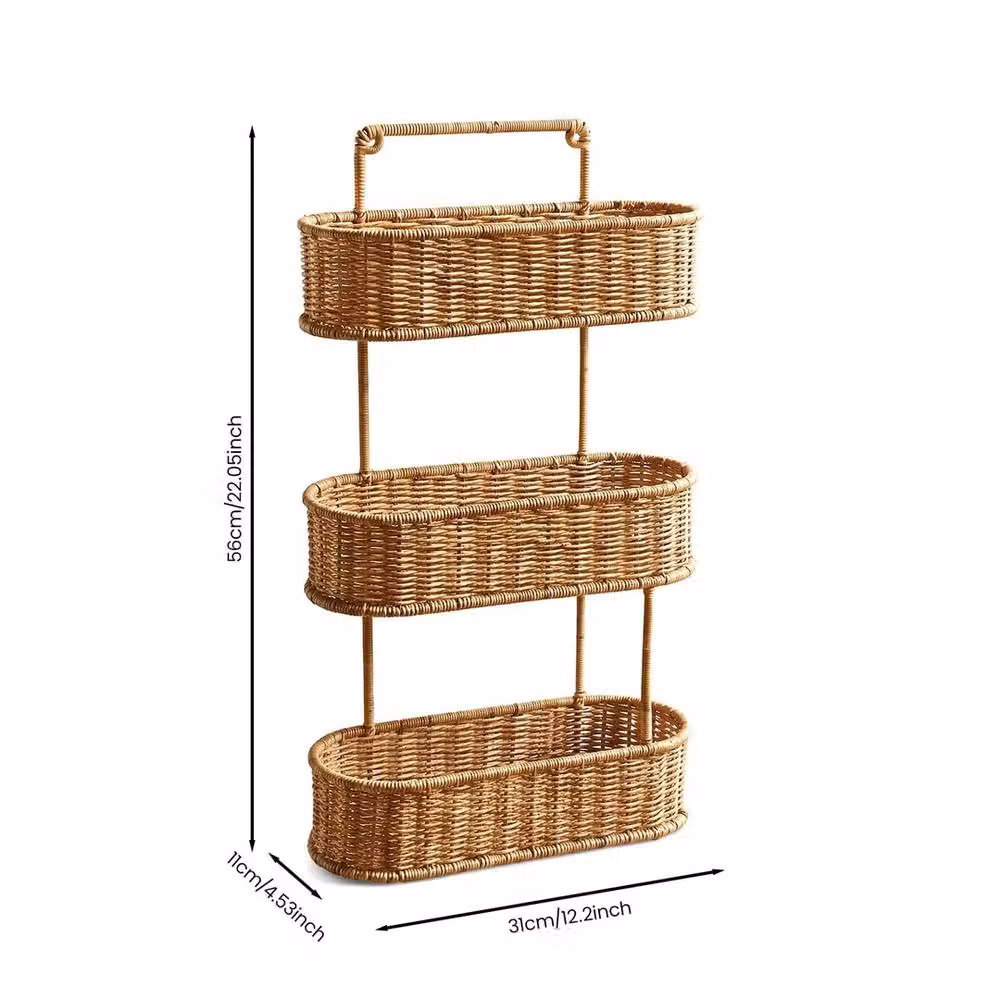 VOGREX 3-Tier Oval Rattan Hanging Wall Storage Basket in Beige – 2