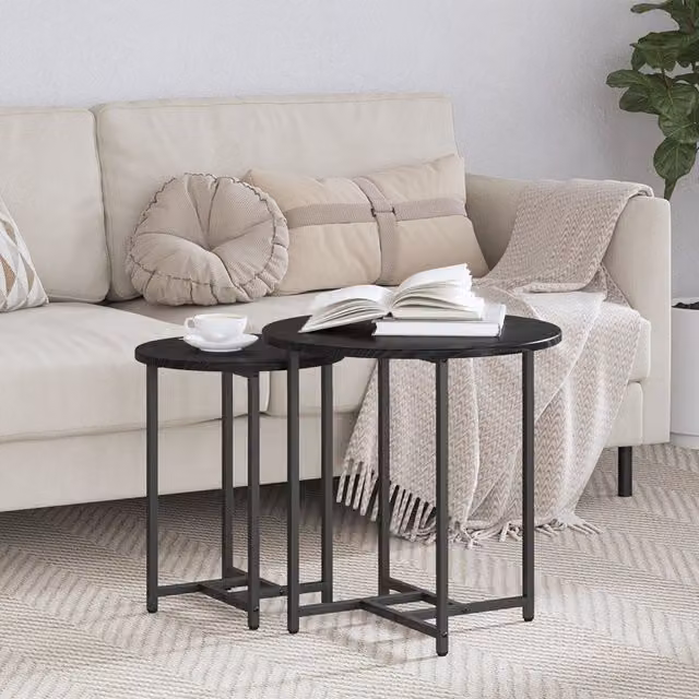 Berkfield Home Set of 2 Modern Round Nested Side Tables in Black Oak and Metal – 1