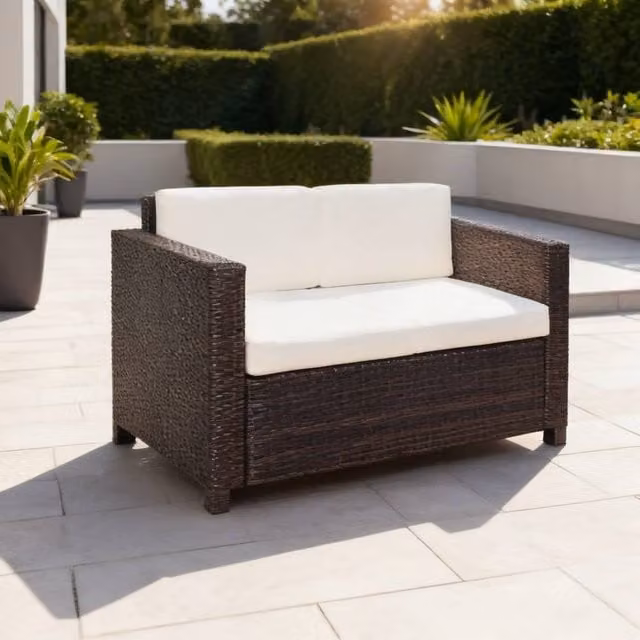 ERGOVEXA 2 Seater Rattan Garden Sofa in Brown with Upholstered Cushions and Powder Coated Steel Frame