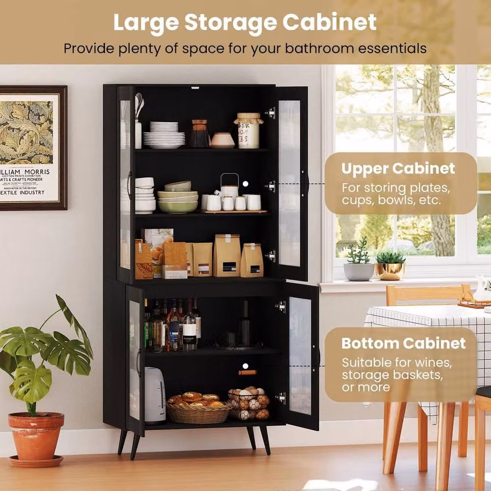 KORVIXA Modern Black Kitchen Pantry Cabinet with Glass Doors, H 178 cm x W 70 cm – 5