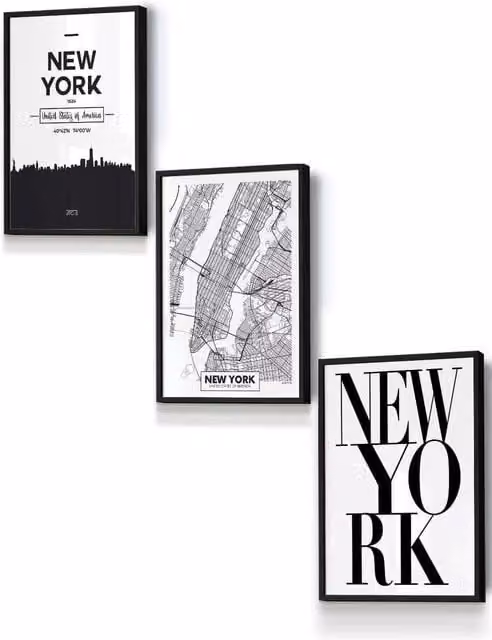 ARTZE NEW YORK Skyline Street Map City Print Framed Wall Art in Black and White, W: 33 cm, H: 45 cm, D: 0.2 cm