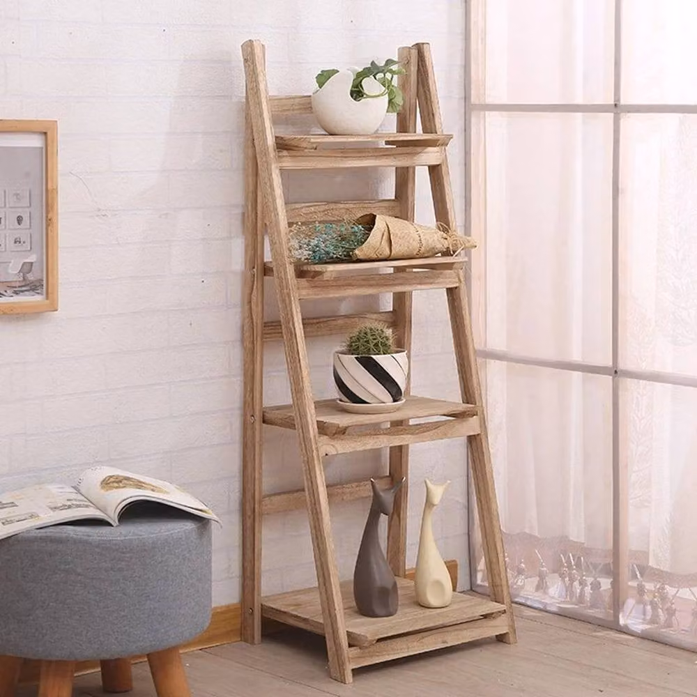 KORVIXA 4 Tier Folding Ladder Shelf Storage in Natural Wood, W/D/H: 100 x 100 cm – 2