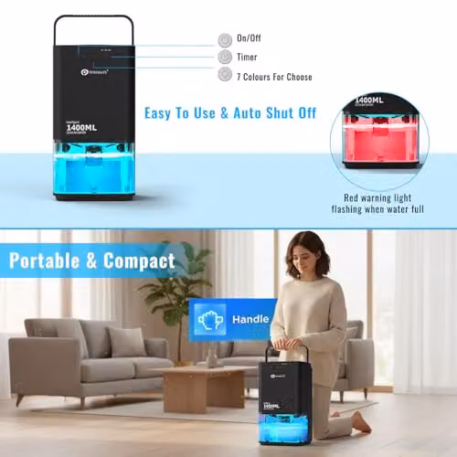 PureMate 1400ml Electric Dehumidifier with Ultra Quiet Operation and Auto Shut Off in Black and Multicolour – 4