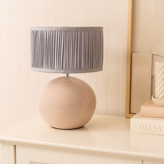 Bosco Stone Ceramic Table Lamp with Ruched Pleated Fabric Drum Shade in Blue, H 38 cm x W 25 cm x D 25 cm