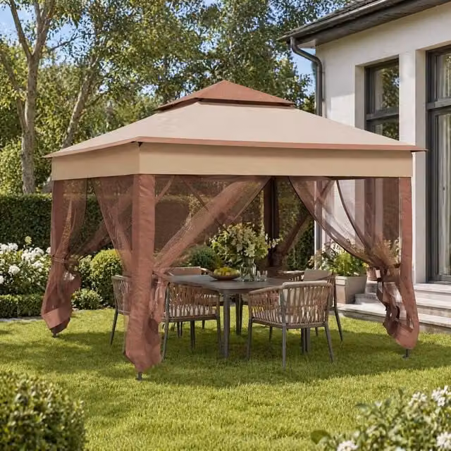 STILVORA Pop-Up Garden Gazebo with Net Curtains, Beige, W: 300 cm, D: 300 cm, H: 270 cm – 1
