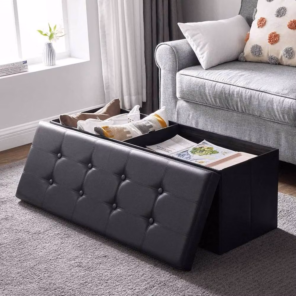 SPETLEK Foldable Small Storage Ottoman and Foot Rest in Black Synthetic Leather – 4