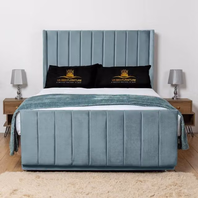 UK Bed Furniture Seoul Wingback Divan Bed Base with 54 Inch Headboard in Blue Velvet, W/D/H: 90 x 190 cm, Single Size