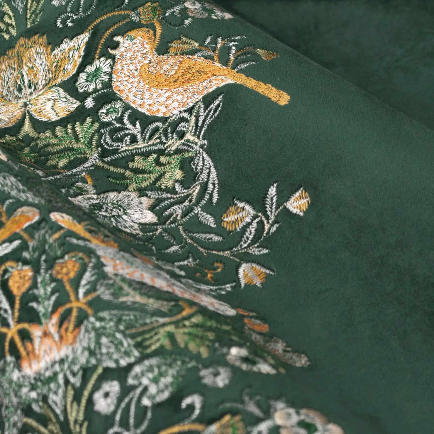Morris & Co. Strawberry Thief Embroidered Velvet Pencil Pleat Curtains, Green, Width: 168 cm, Drop: 229 cm – 4