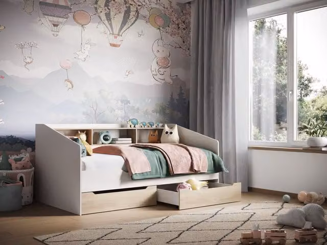 Flair Leni Oak Solid Wood Single Bed with Drawers and Bedside Shelf, W/D/H: 90 x 200 cm