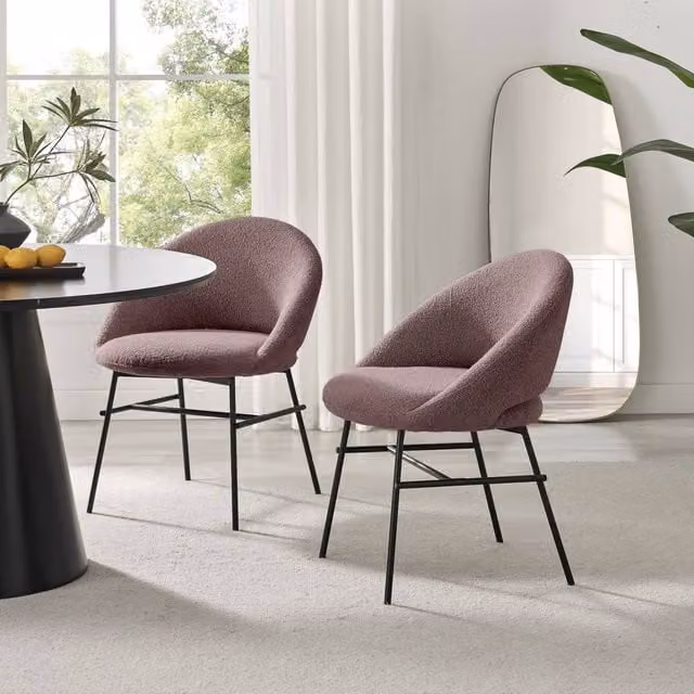 FurnitureboxUK Set of 2 Nella Dining Chairs in Dusky Pink Bouclé Fabric with Black Metal and Wood Legs – 1