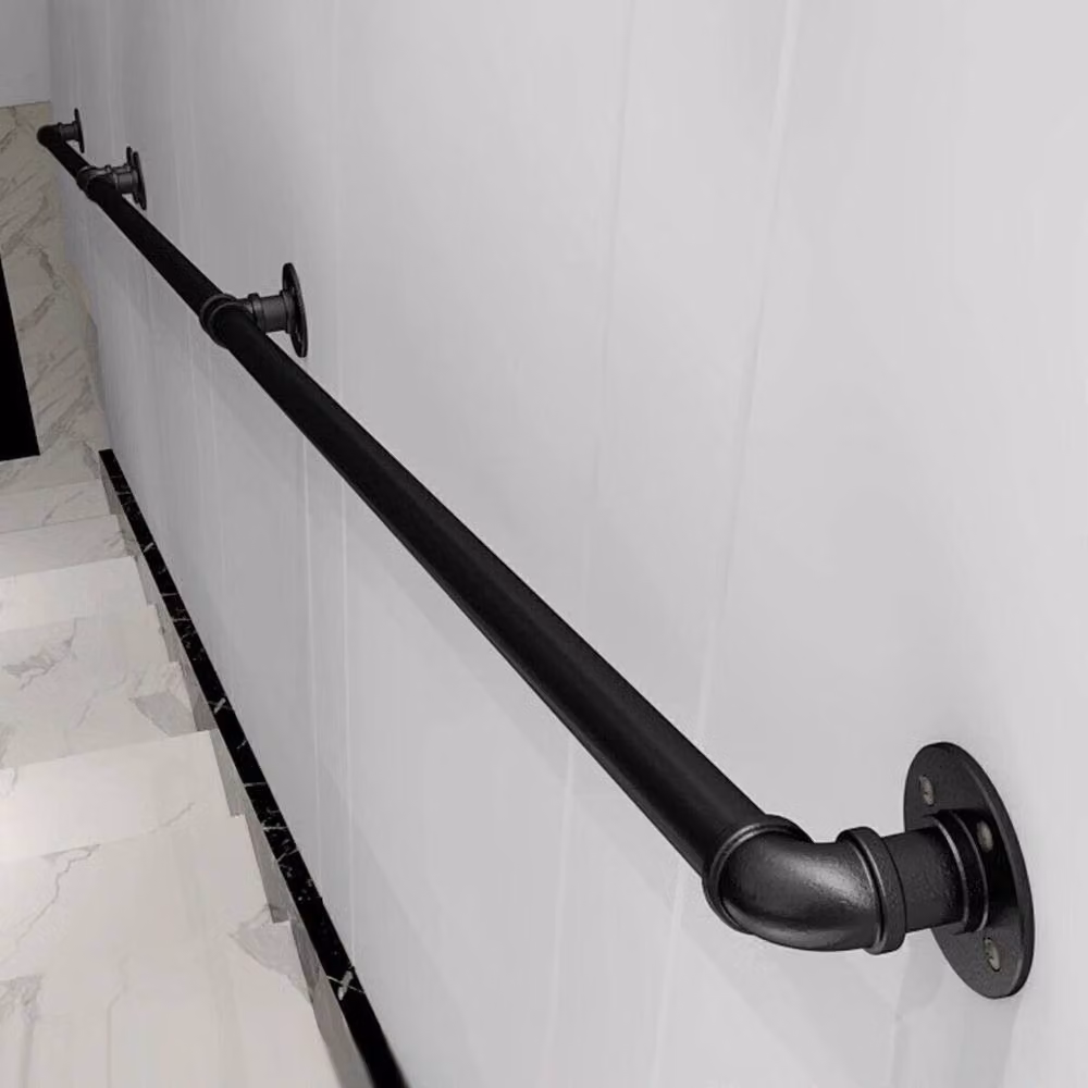 VOGREX Black Round Pipe Wall Mounted Staircase Handrail with 4 Brackets, Length: 300 cm – 3