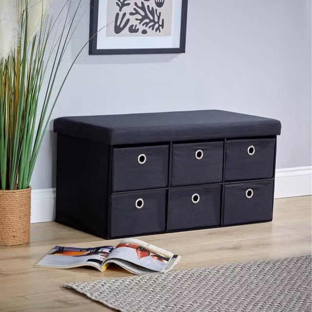 Home Source Folding Storage Ottoman with 6 Drawers in Black