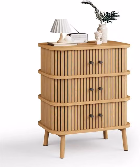 VOGREX 3 Drawer Dresser Chest in Light Oak Wood for Bedroom and Living Room Storage