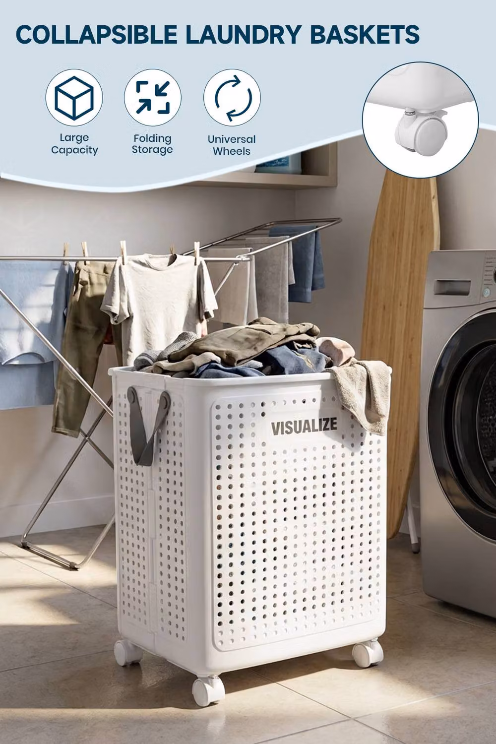 Living and Home White Collapsible Rolling Laundry Basket with Handles and Wheels – 4