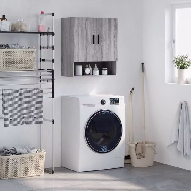 Berkfield Home Grey Sonoma Wall Mounted Cabinet with Hinged Doors and Open Shelf, W/D/H: 60 x 31 x 70 cm