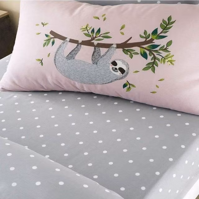 Gavino Cavailia Sloth Fitted Sheet and Pillowcase Set, Pink, Grey and Multicolour, W/D/H: 90 x 190 cm