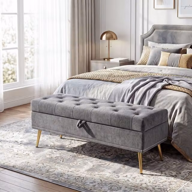 HOMCOM Grey Chenille Storage Ottoman Box