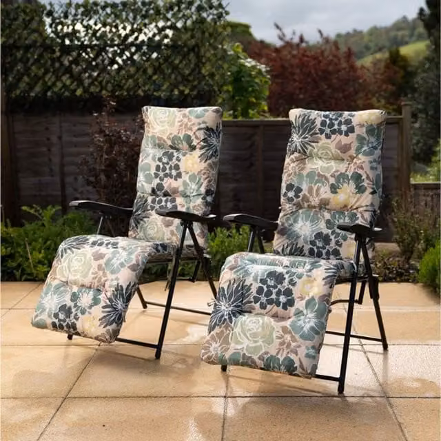 Hectare Pair of Floral Pattern Reclining Garden Chairs with Cushions and Armrests