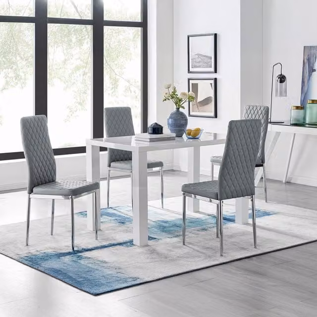 FurnitureboxUK Pivero Modern High Gloss Rectangular Dining Table and 4 Milan Chairs Set in Grey and White