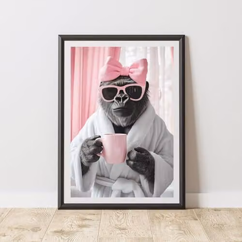 60 Second Makeover Gorilla Pink Bow Animal Print Paper Poster, Pink, Black and White, W: 21.0 cm, H: 29.7 cm