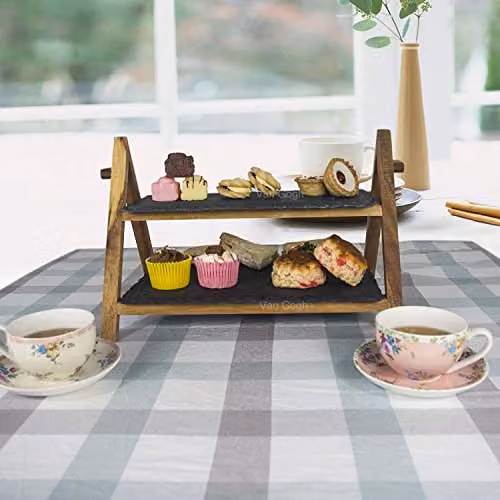 VanGogh 2 Tier Solid Bamboo and Grey Slate Rectangular Cake Stand – 4