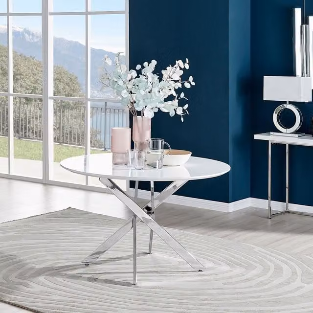 FurnitureboxUK Novara Round White High Gloss Dining Table with Chrome Legs, Diameter: 120 cm