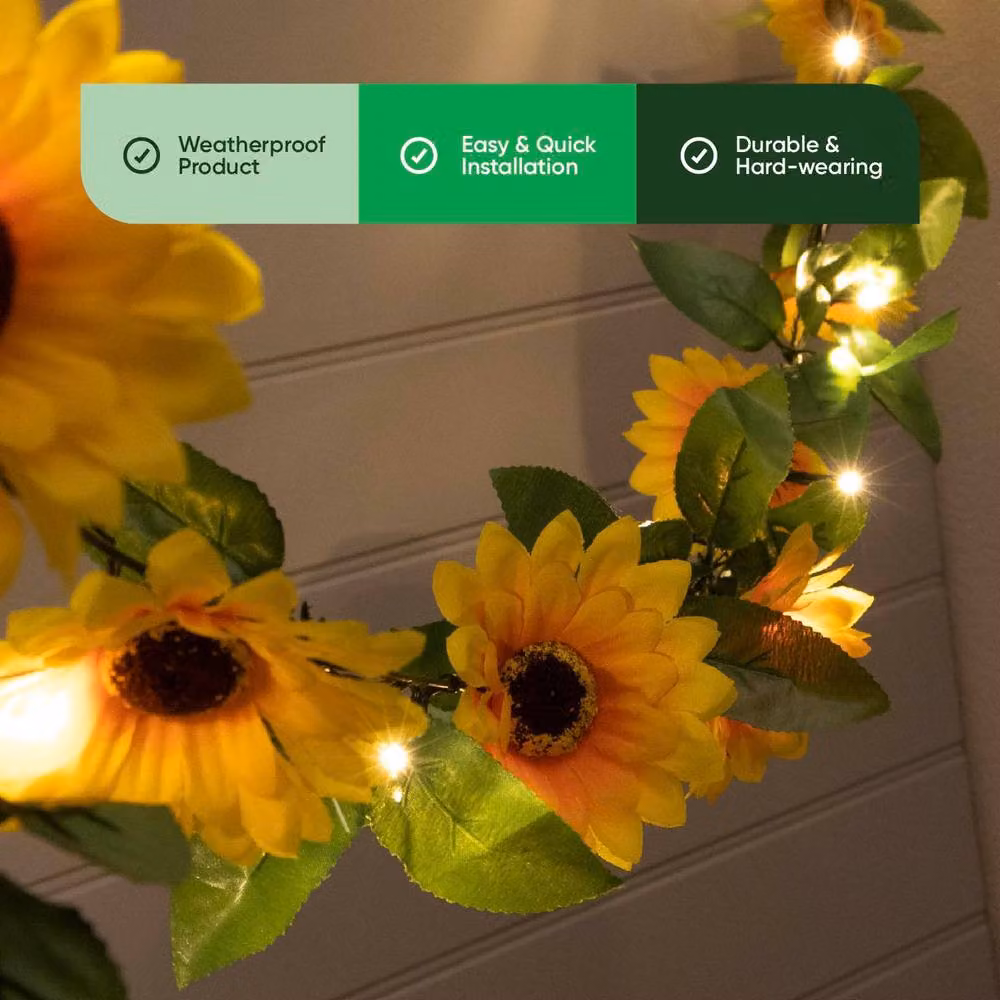Gardenwize Solar Sunflower Garland String Lights with 25 Warm White LEDs in Yellow and Multicolour, Length: 2.3 m – 4