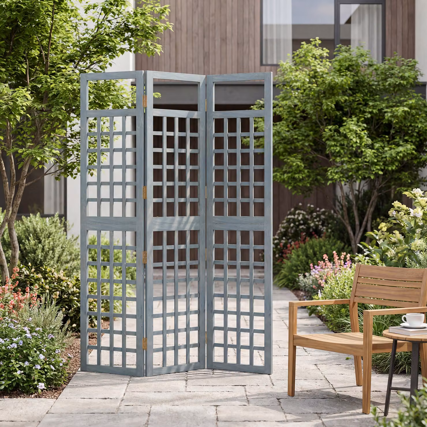Outsunny 3-Panel Grey Wooden Garden Privacy Screen, Freestanding Foldable Outdoor Divider and Trellis, H: 170 cm, W: 120 cm, D: 3 cm – 6