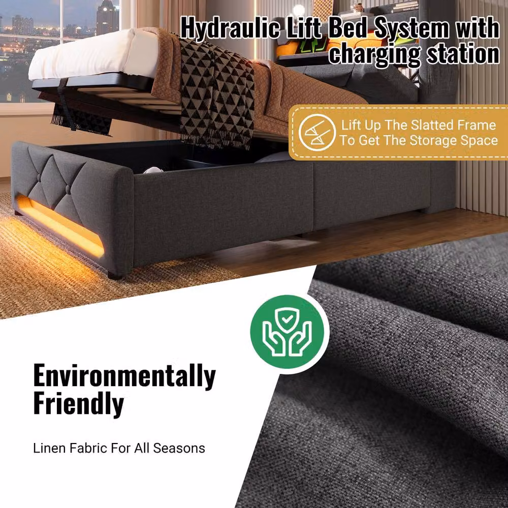 Rolipo Grey Linen Upholstered Hydraulic Storage Bed with LED Lighting and USB Charging, W/D/H: 180 x 200 cm – 4