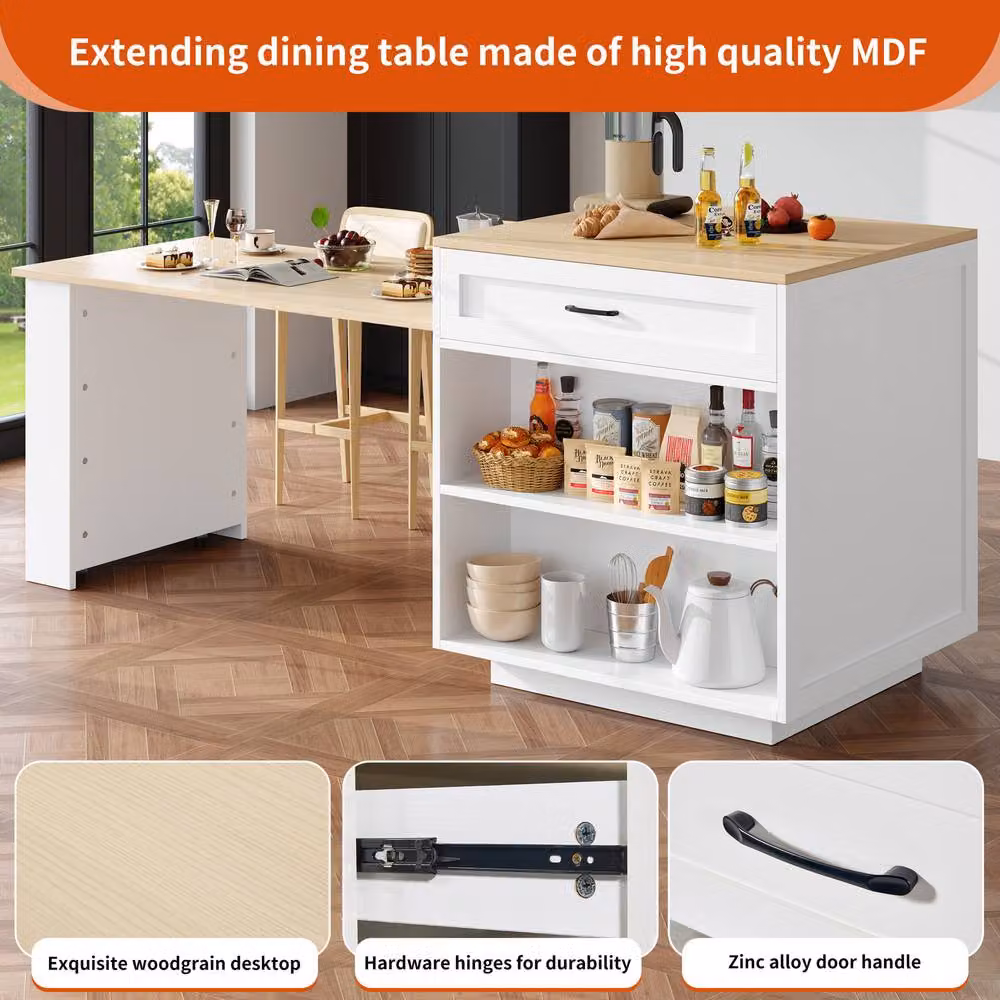 BTM Extendable Bar Table with Two Drawers and Side Shelves in White, W/D/H: 93.5 x 75.8 x 70.0 cm – 6