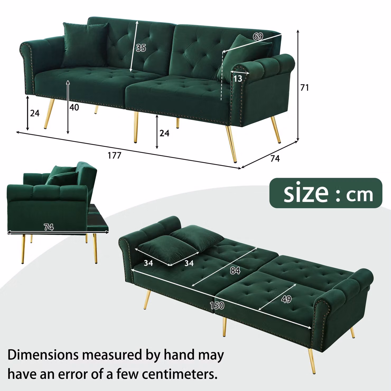 Aosom UK Modern 2-Seater Velvet Sofa Bed in Green with Adjustable Headrests, W/D/H: 177 x 74 x 71 cm – 3