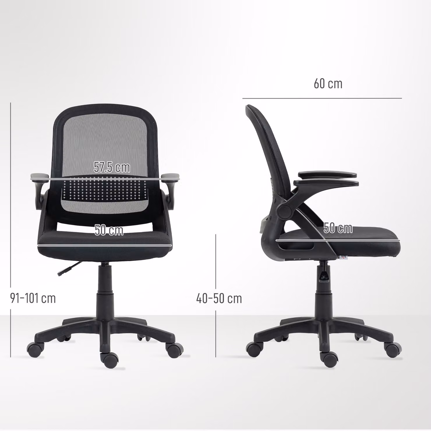 HOMCOM Ergonomic Black Mesh Office Chair with Flip-up Armrests and 360 Degree Swivel – 3