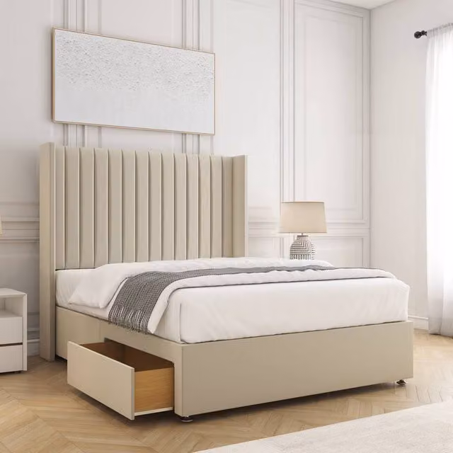 BSSPOKE Manhattan Double Divan Bed with 54 inch Plush Headboard, 2 Drawers and Footend in Beige Velvet Fabric, W/D/H: 140 x 200 cm