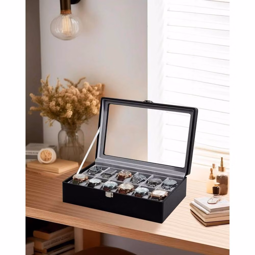 SPETLEK 12 Slot Black PU Leather Watch Box with Lid – 3