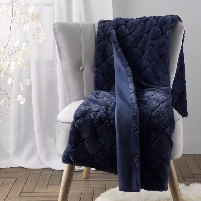Catherine Lansfield Cosy Diamond Faux Fur Throw, Navy Blue, W: 130 cm, D: 170 cm