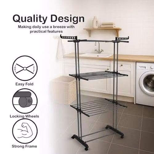 Libbi Lou 4 Tier Clothes Airer with Foldable Wings and Lockable Wheels in Silver – 3