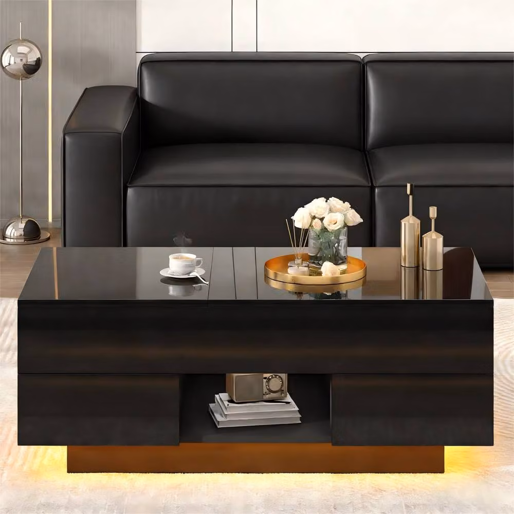 Merax High Gloss Lift-Top Coffee Table with Hidden Storage and LED in Black, W/D/H: 100 x 45 x 43 cm – 3