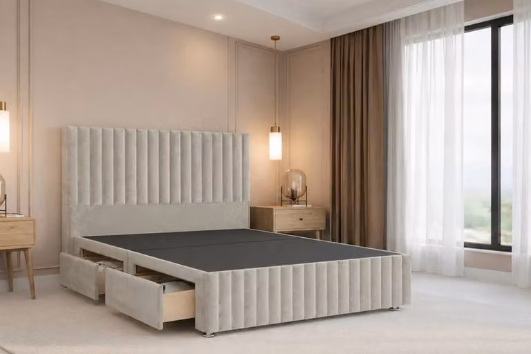 Chester & Oakley Ravello Plush Divan Bed with 4 Drawers, 12 inch Footboard and 54 inch Headboard, Beige Velvet Fabric, W/D/H: 120 x 200 cm