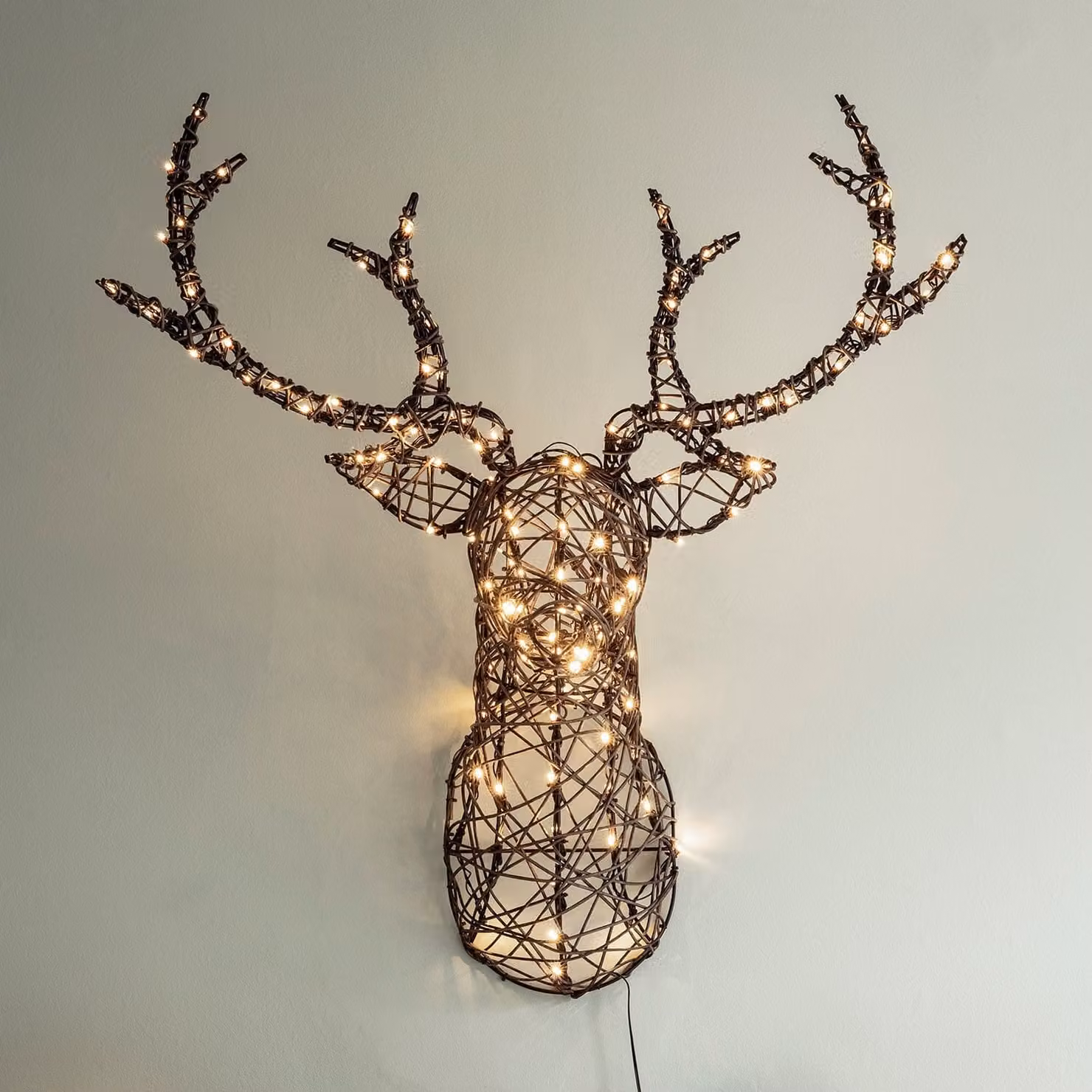 Lights4fun Studley Rattan Stag's Head LED Wall Light, Brown