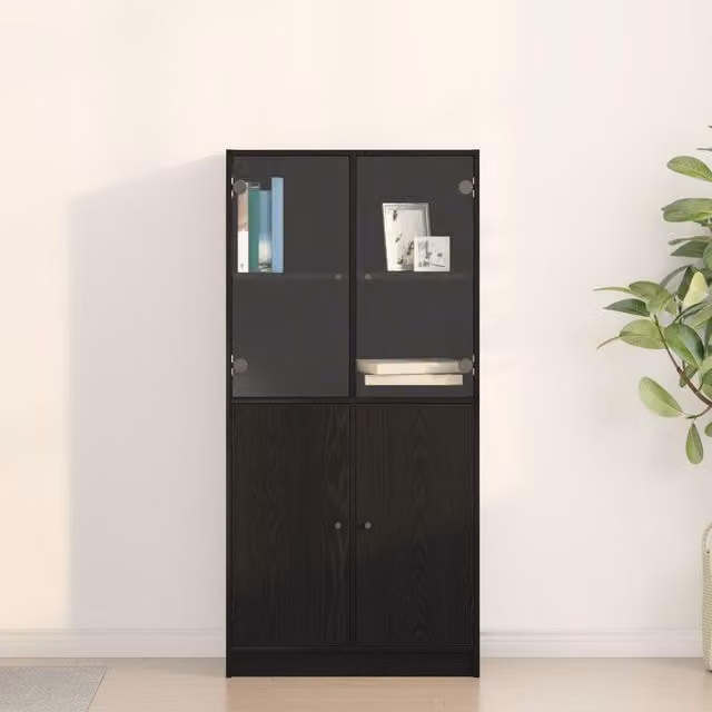 Berkfield Home Modern Highboard with Glass Doors in Black Oak, W: 68 cm, D: 37 cm, H: 142 cm
