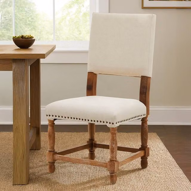 Orsina Modern Oak Burn Whitewash Linen Dining Chair in White and Gold – 1