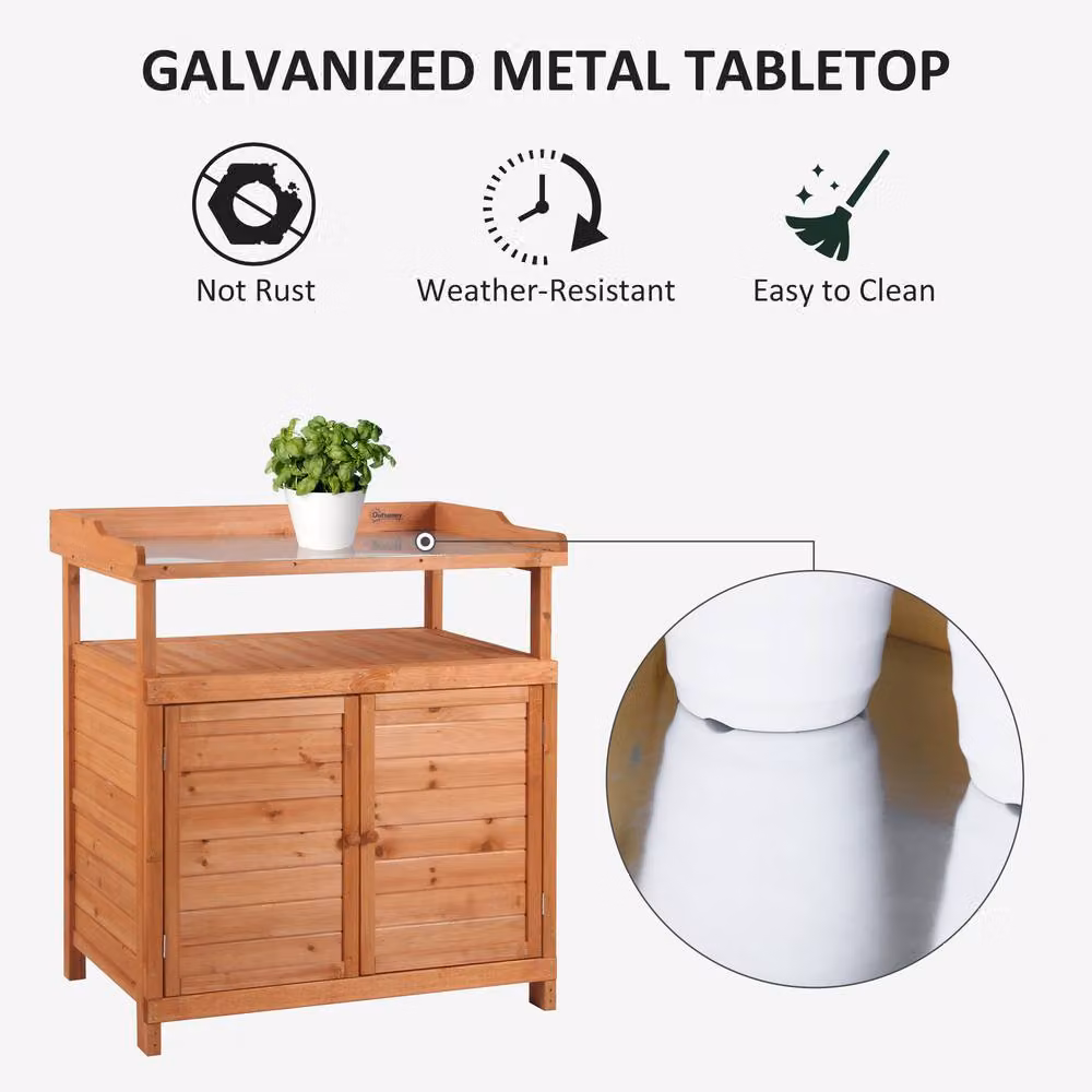 Outsunny 2-in-1 Potting Bench Table with Storage Cabinet and Galvanised Steel Top, Orange – 5